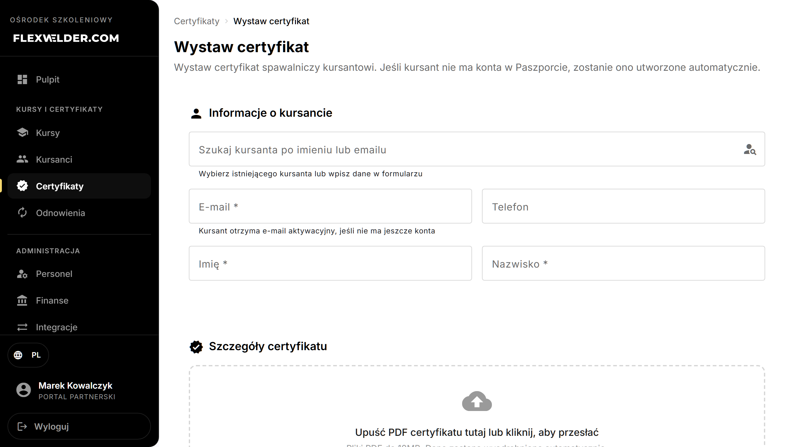 Wystawianie certyfikatu — dane kursanta