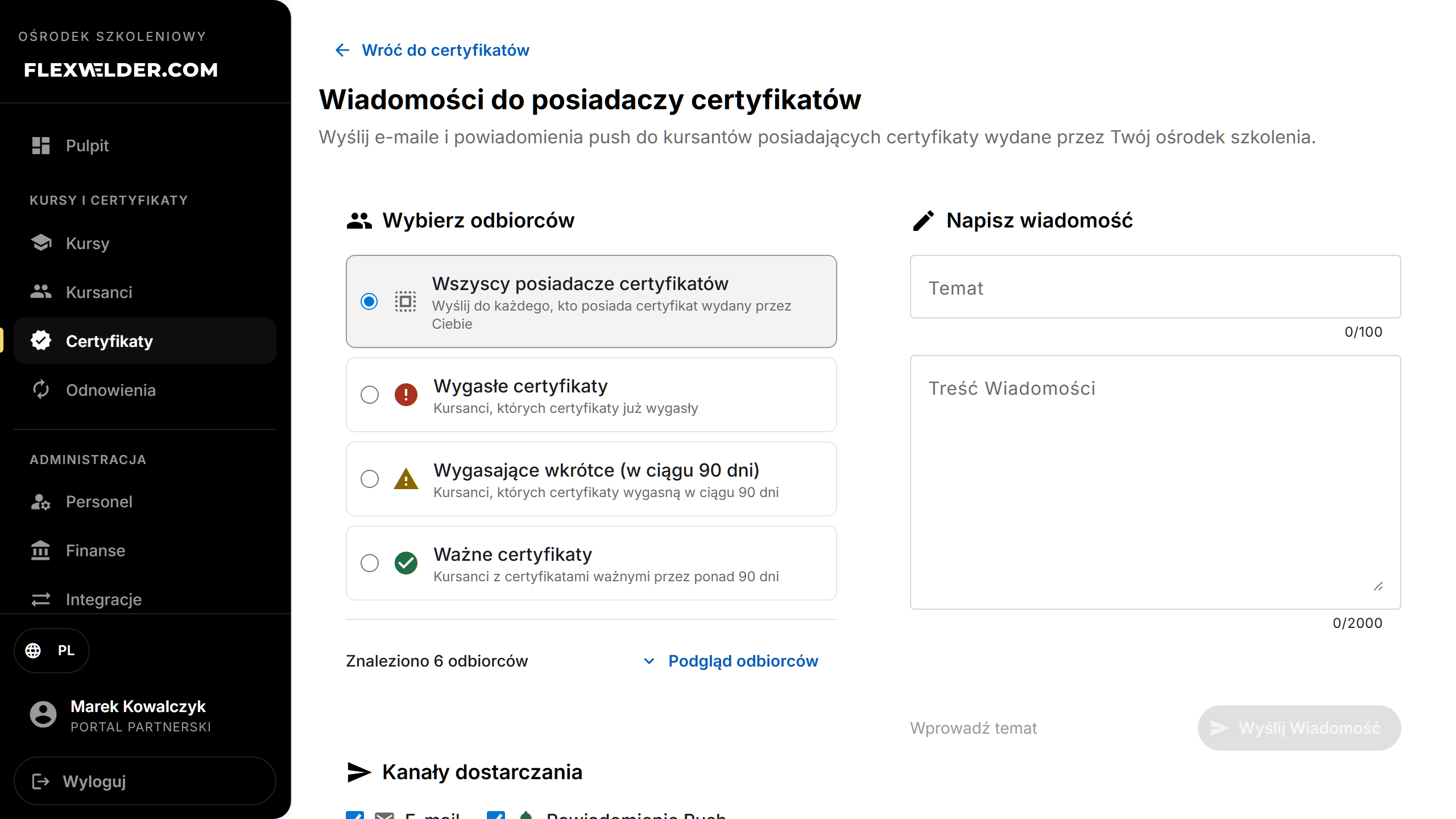 Wiadomość do posiadaczy certyfikatów — wybór odbiorców