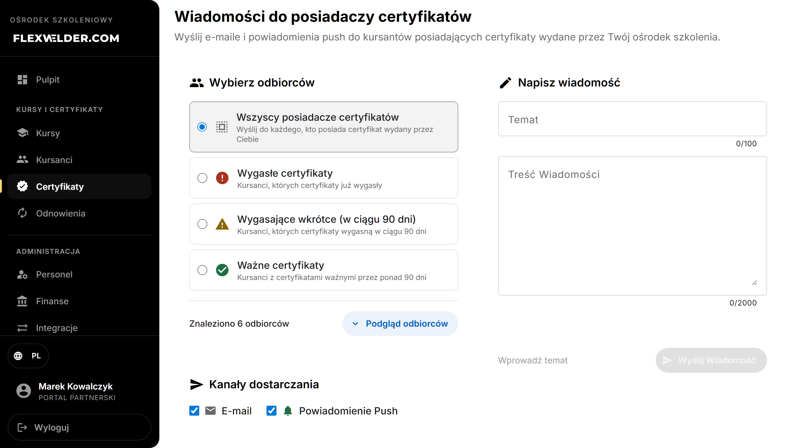 Wiadomość do posiadaczy certyfikatów — kanały i treść