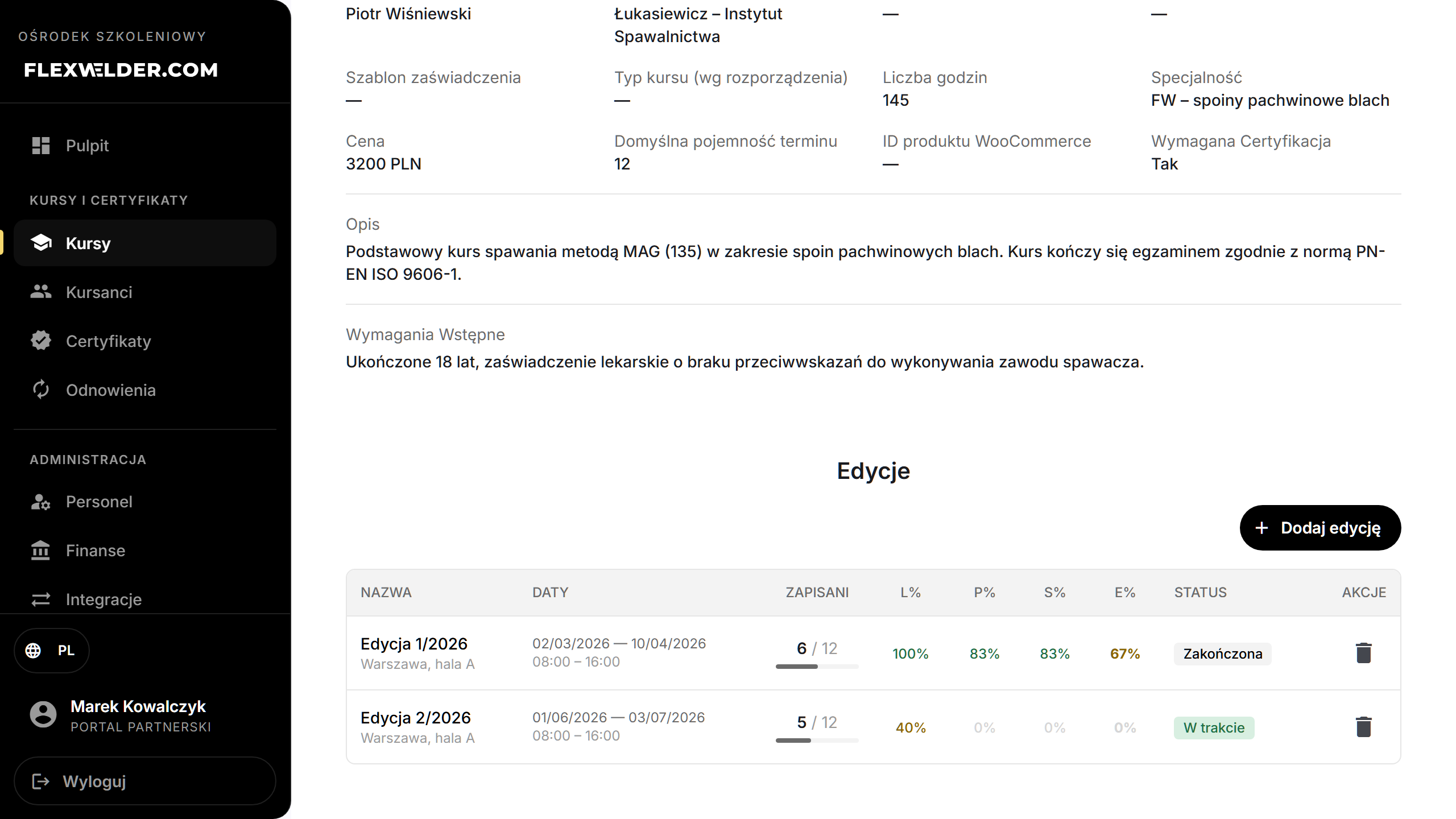 Szczegóły kursu — opis i edycje