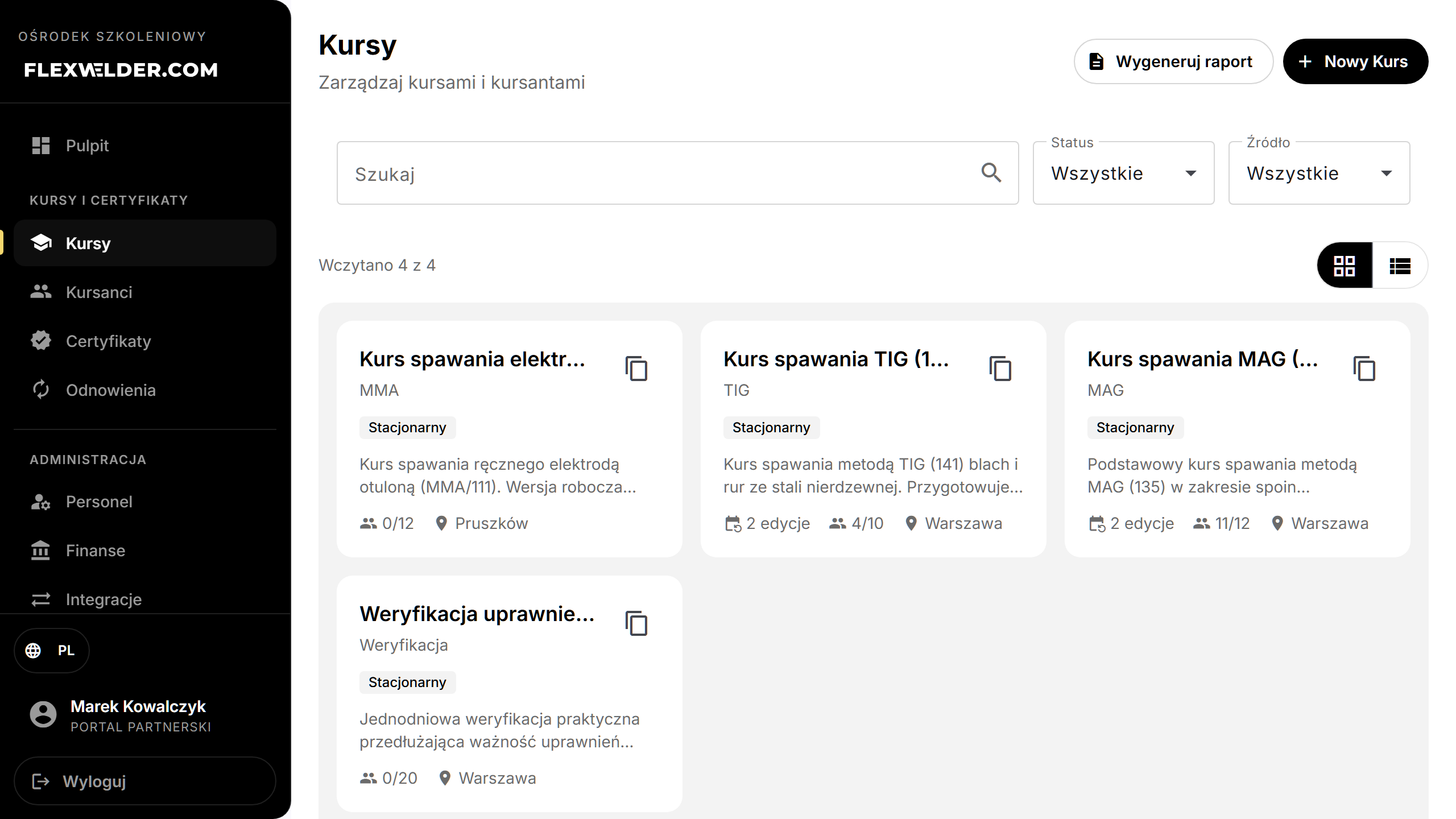 Lista kursów (siatka) z wyszukiwarką i filtrami