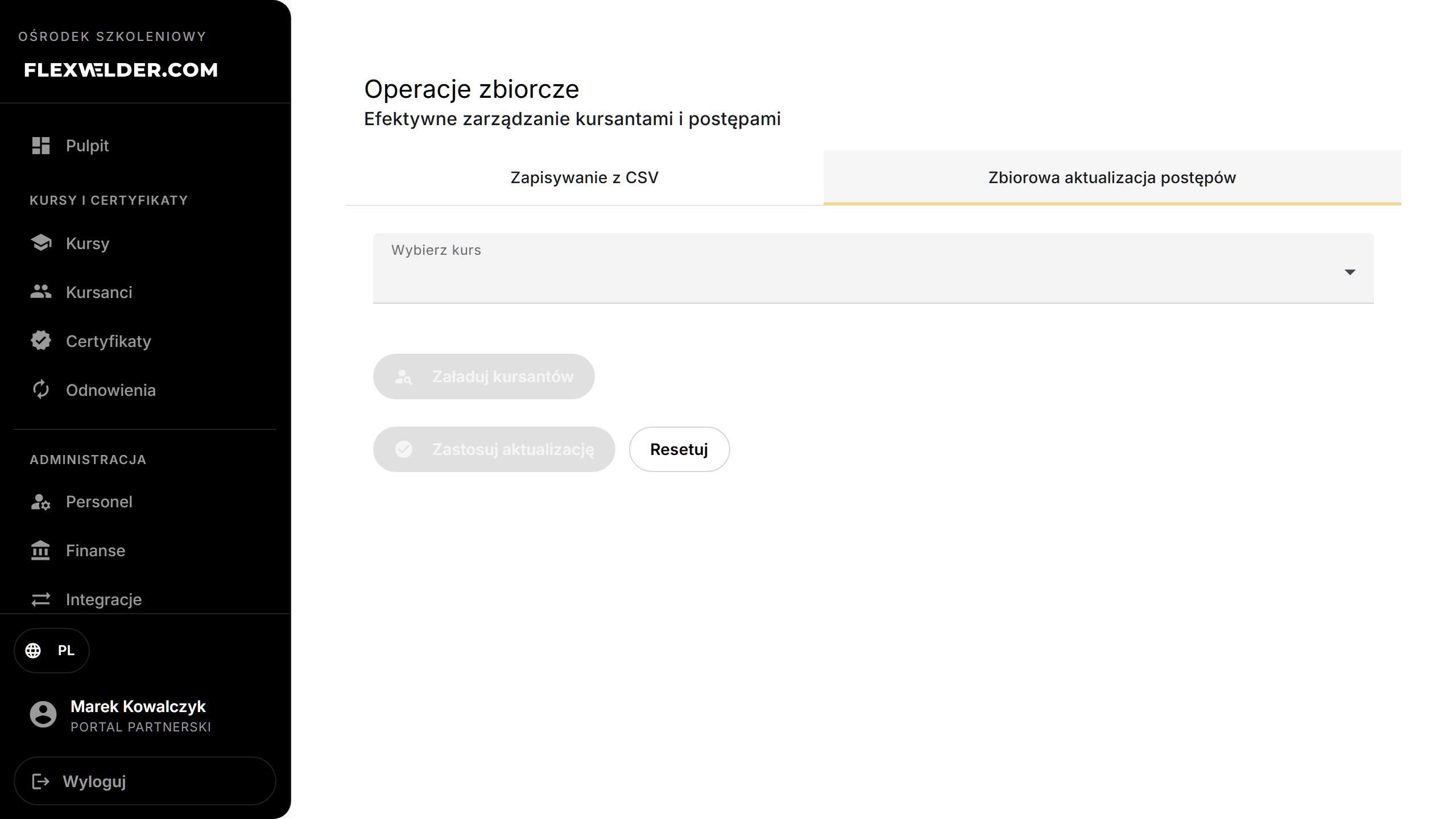 Operacje masowe — zbiorcza aktualizacja postępów