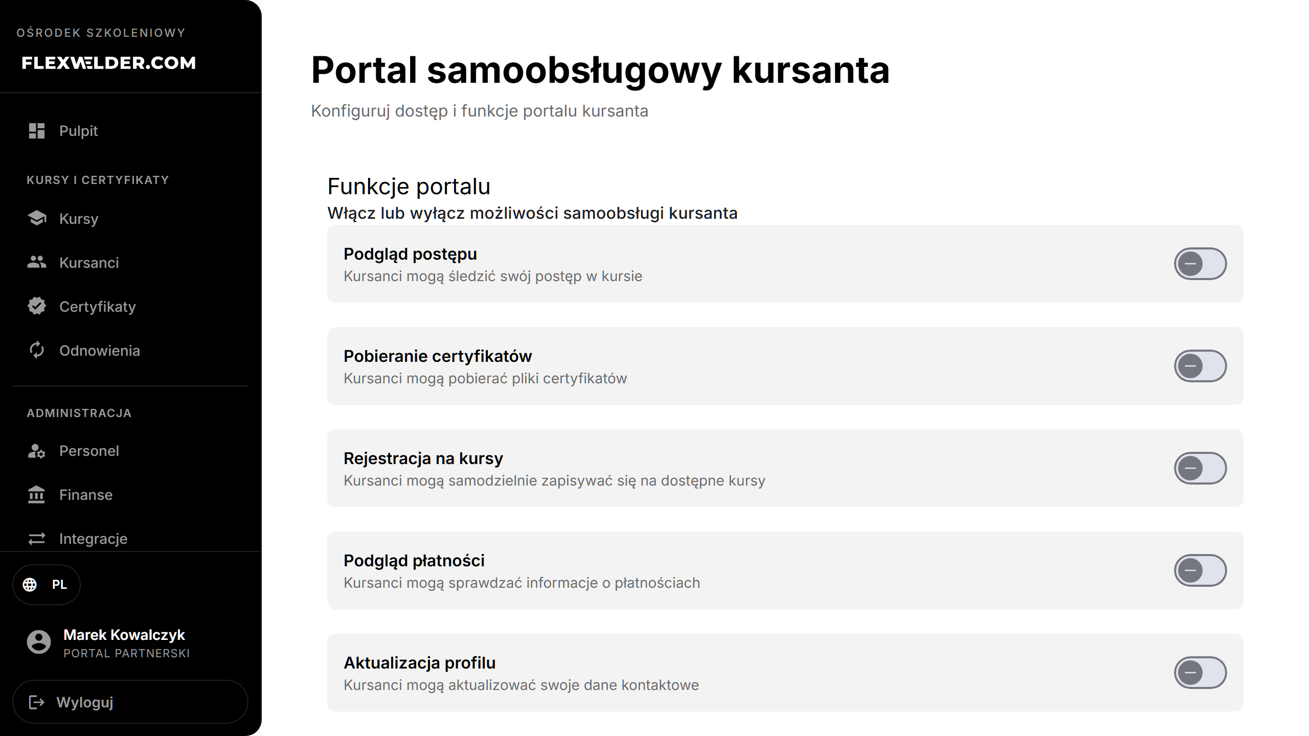Student portal settings — feature toggles
