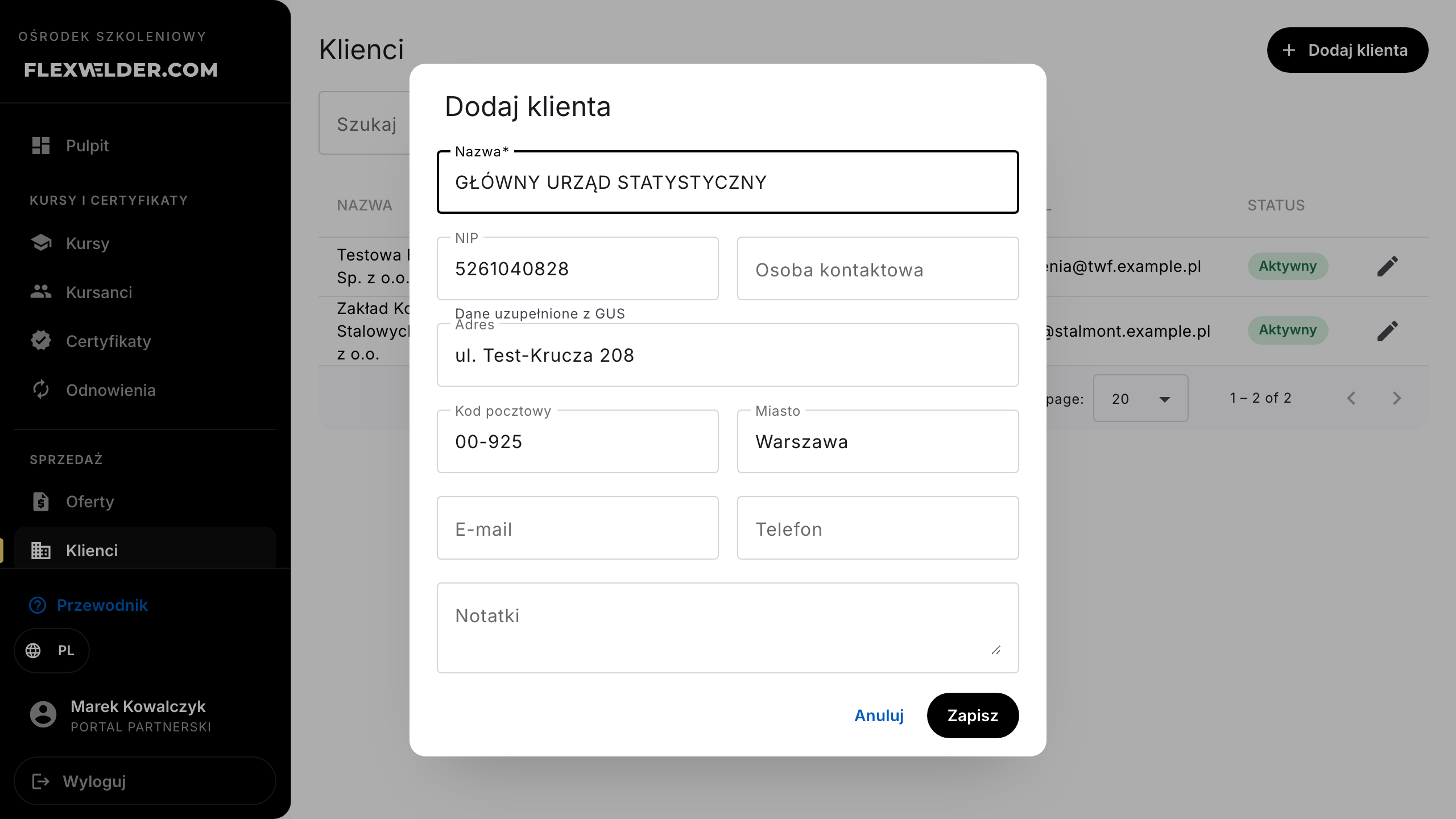 Dialog klienta z autouzupełnianiem GUS