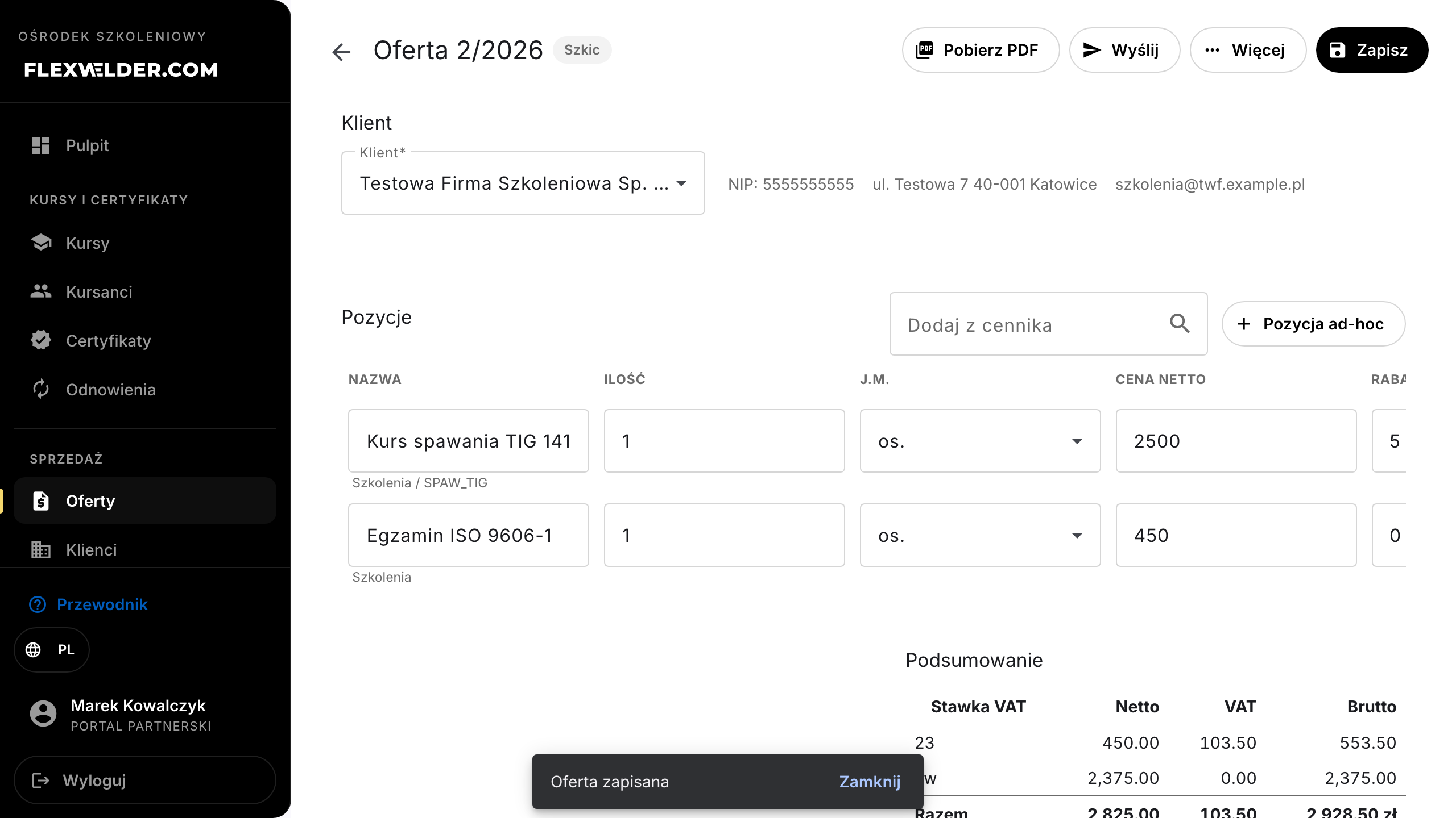 Offer editor — client and items