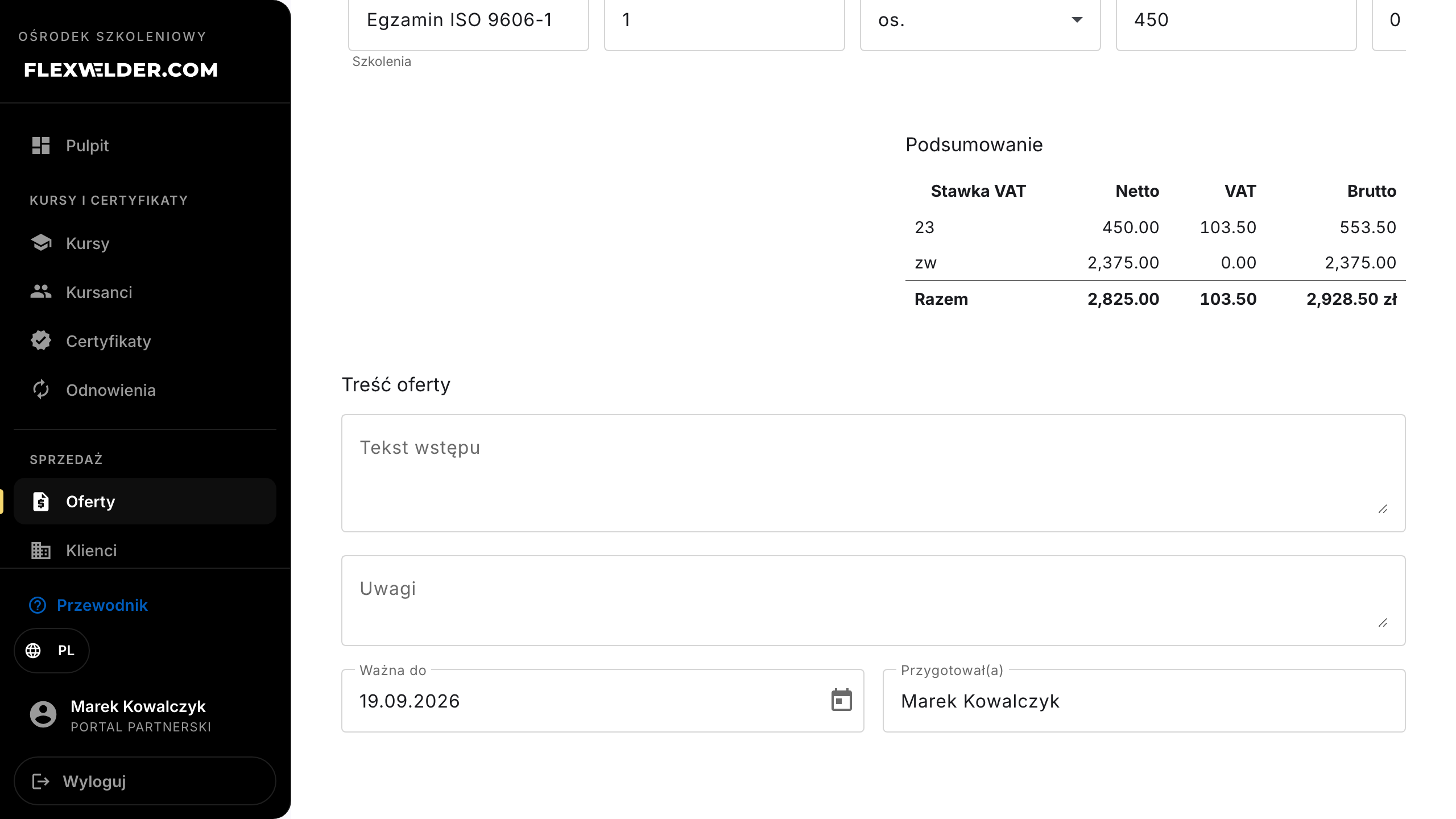 Offer editor — VAT summary and content