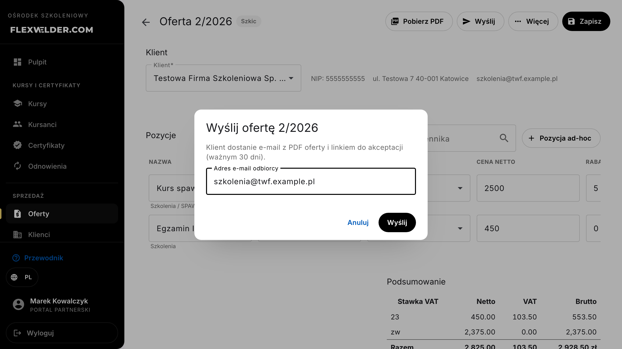 Offer send dialog