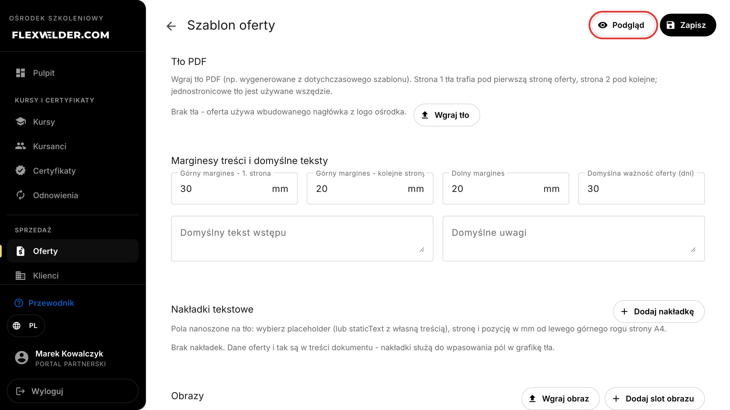 Szablon oferty - tło PDF i marginesy