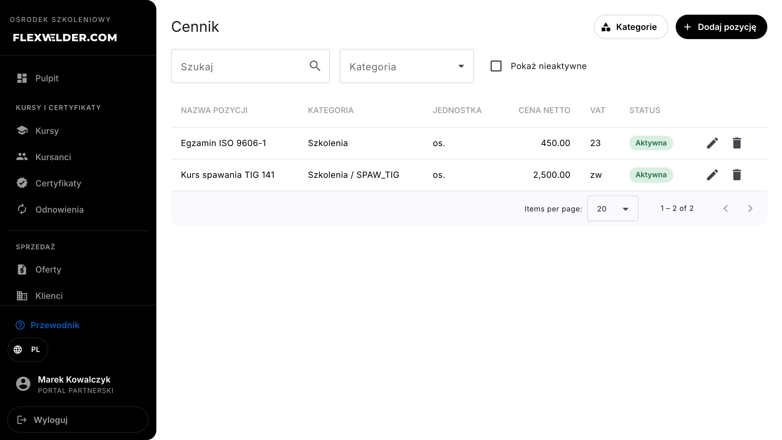 Cennik - lista pozycji z filtrem kategorii