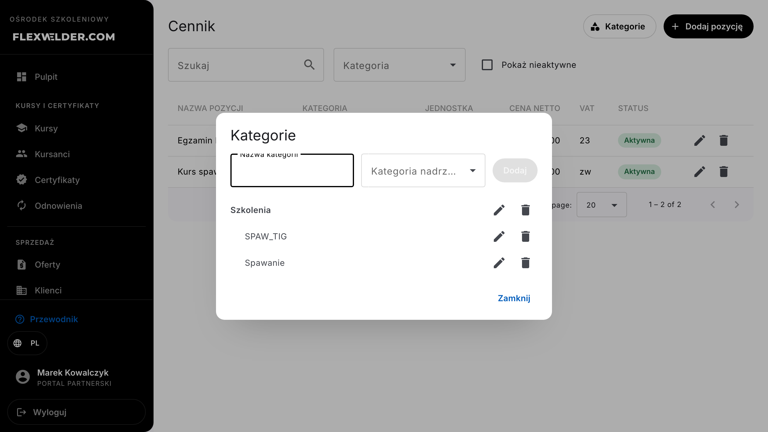 Dialog zarządzania kategoriami cennika