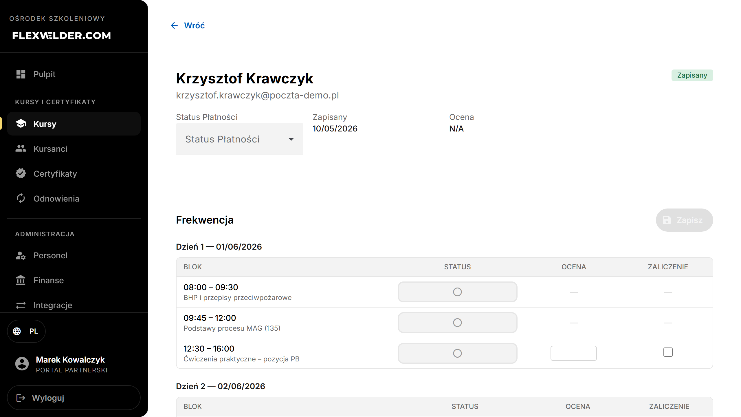 Karta kursanta w kursie — nagłówek i status płatności