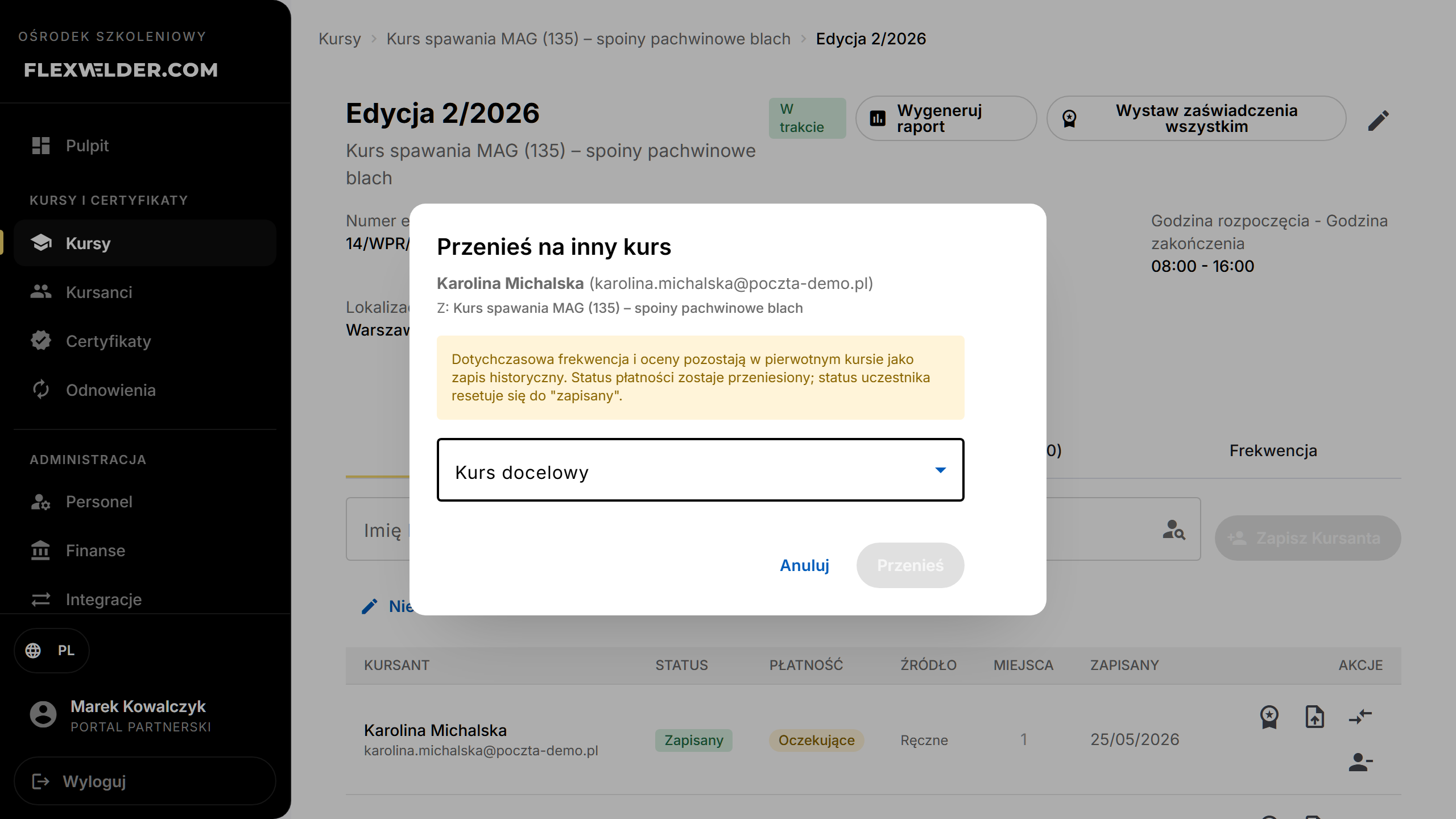 Transfer-to-another-course dialog