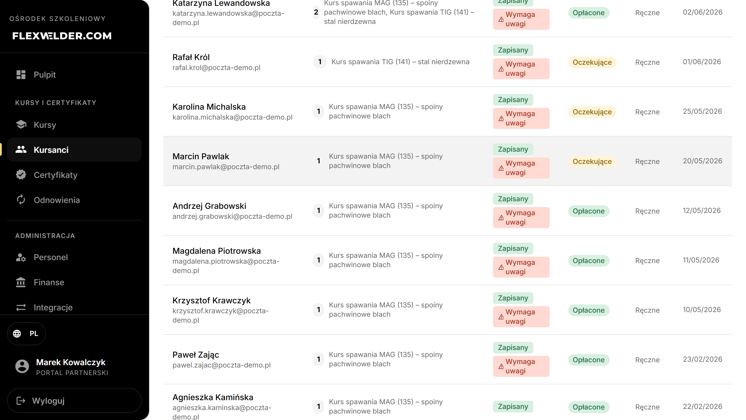 Lista kursantów — kolejne wiersze